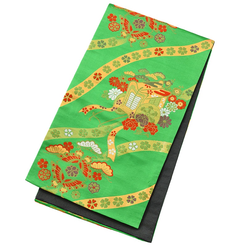 ジュニア帯 正絹（裏 ポリ） 緑 御所車に蝶