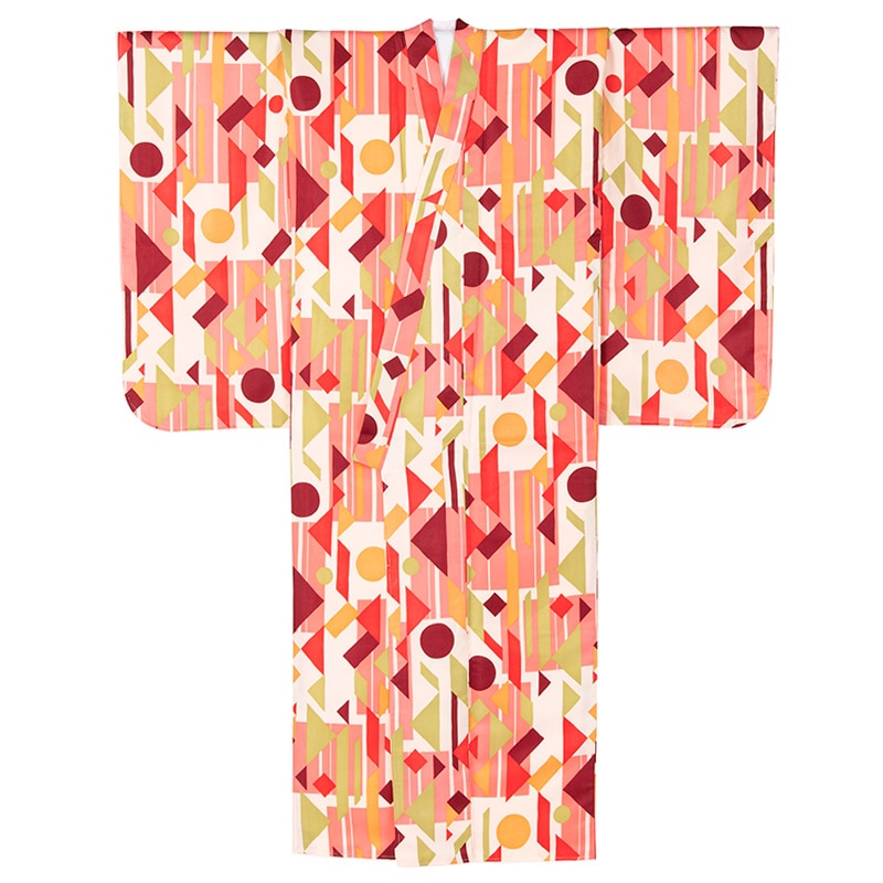 ジュニア女の子着物 アイボリー/サーモンピンク 幾何学 10-13才 襦袢付 中国製