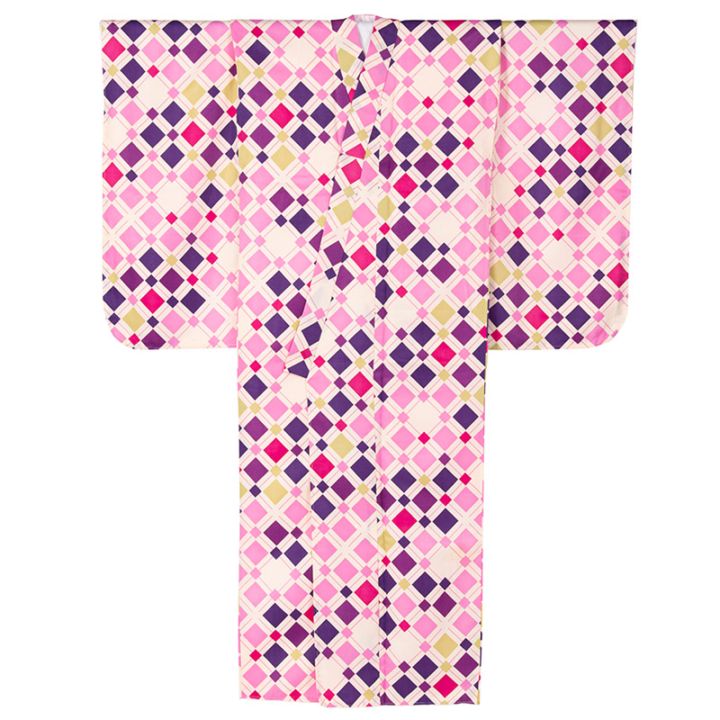 ジュニア女の子着物 オフ白/ピンク スクエア 10-13才 襦袢付 中国製