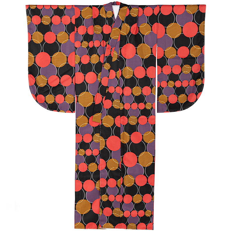 ジュニア女の子着物 黒 サークル 10-13才 襦袢付 中国製