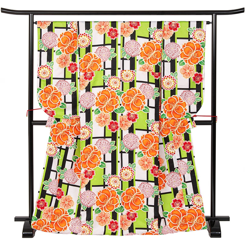 二尺袖着物 ポリ 小紋 ヒワ/オフ白 変わり格子に桜 裄180 中国製