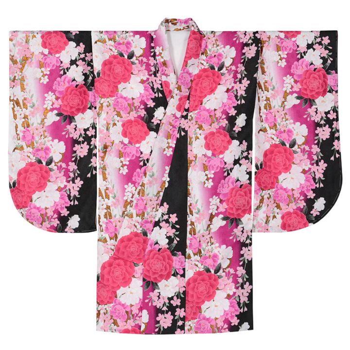 二尺袖着物 ポリ ショート丈 小紋 白・紫 バラに枝桜 難物 中国製