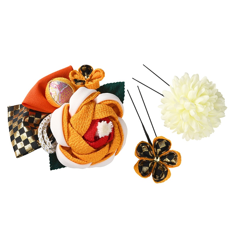 髪飾りセット ちりめん椿とマム オレンジ