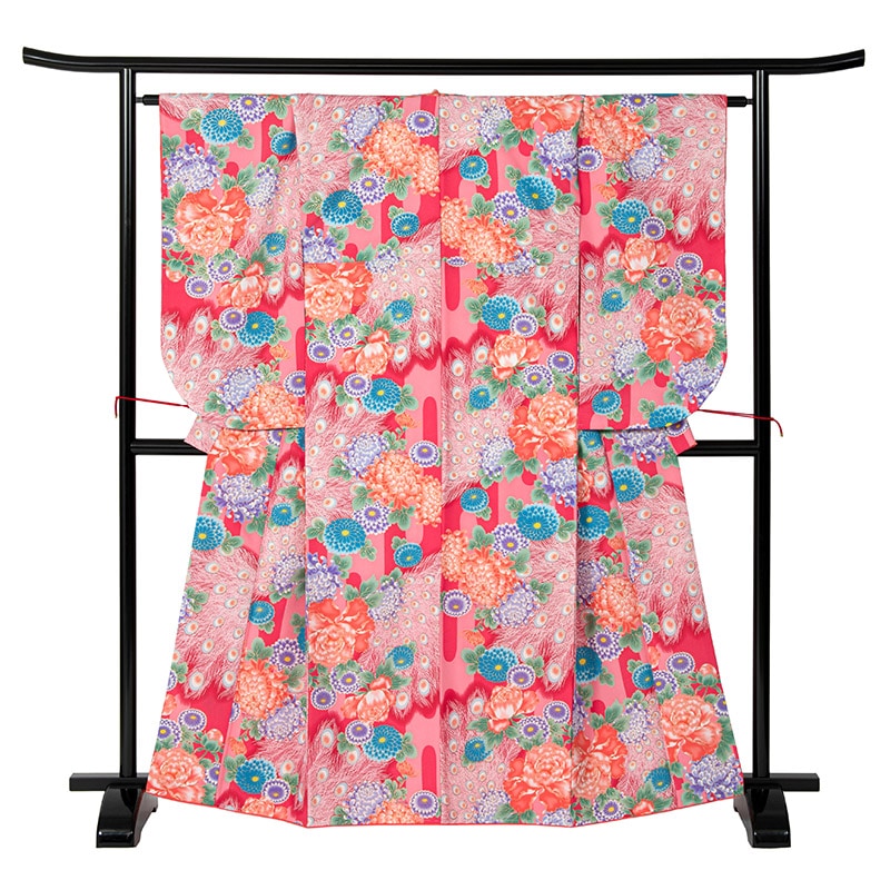 二尺袖着物 ポリ 小紋 赤 孔雀 裄180 中国製