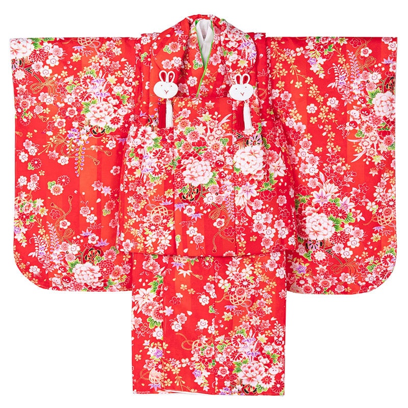 女の子 被布セット ポリ 赤 紅葉と花車 3才 少々難有 中国製