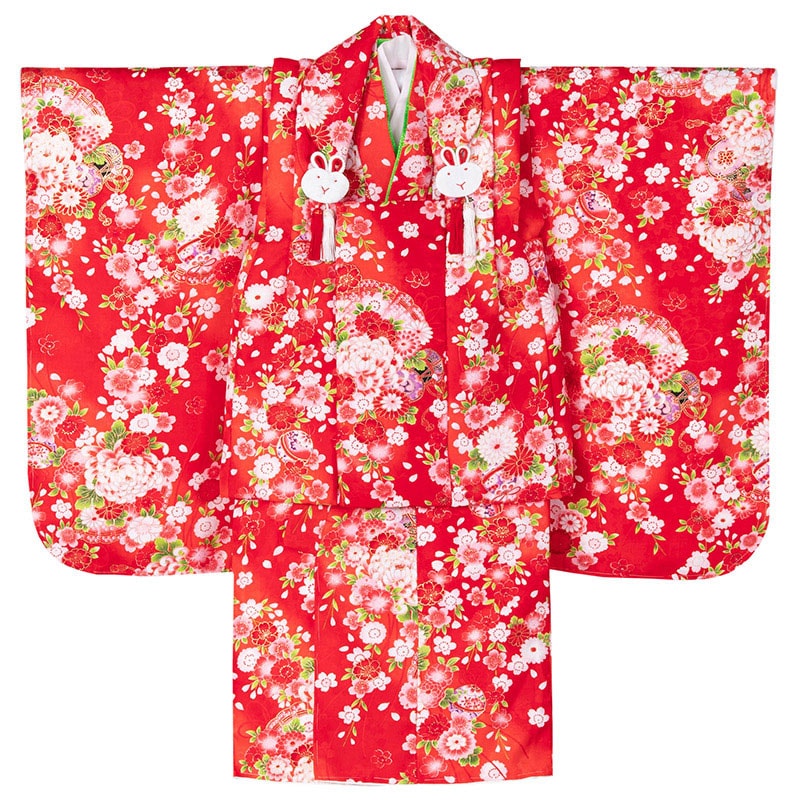 女の子 被布セット ポリ 赤 鼓と乱菊 3才 少々難有 中国製