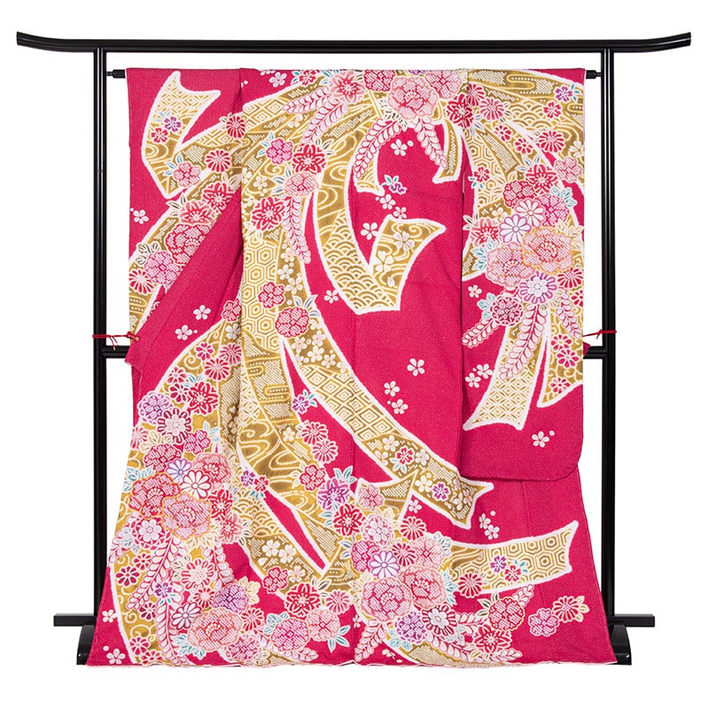 振袖 ポリ 赤 華疋田/総絞り A 裄180 袖丈300 難物