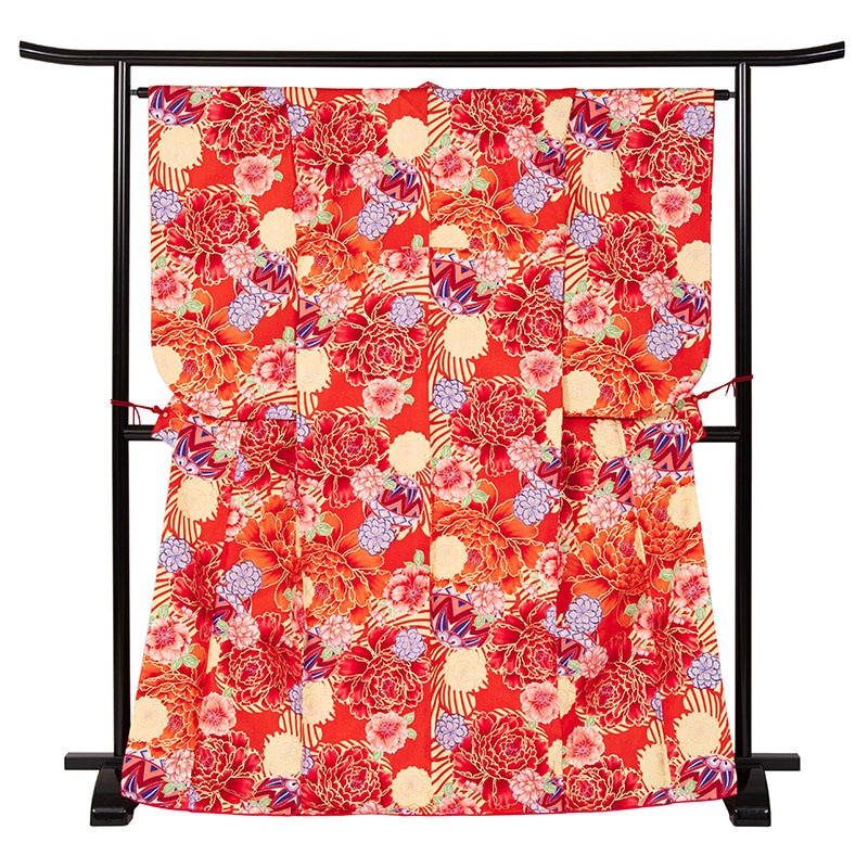 二尺袖着物 ポリ 小紋 朱赤 牡丹に鞠 裄180 中国製