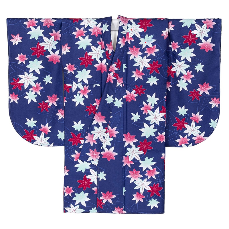 二尺袖着物 ポリ ショート丈 紺 紅葉 裄180 難物 中国製