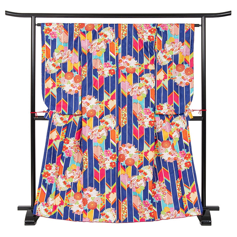 二尺袖着物 ポリ 小紋 青 矢羽根と橘 裄180 中国製