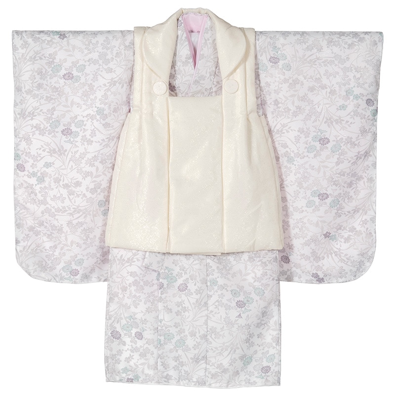 女の子 被布セット ポリ グレー・オフ白 3才 中国製