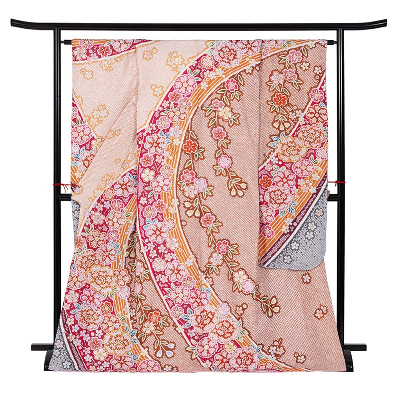 振袖 ポリ 茶色 華疋田/総絞り B 裄180 袖丈300 難物