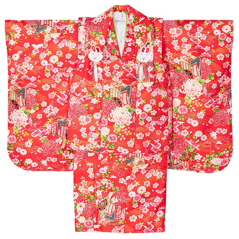 女の子被布セット ポリ 赤 御所車と芍薬 3才