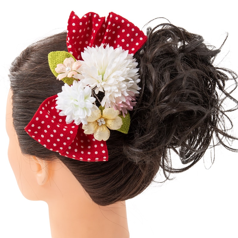 髪飾り 赤 水玉リボン 白花
