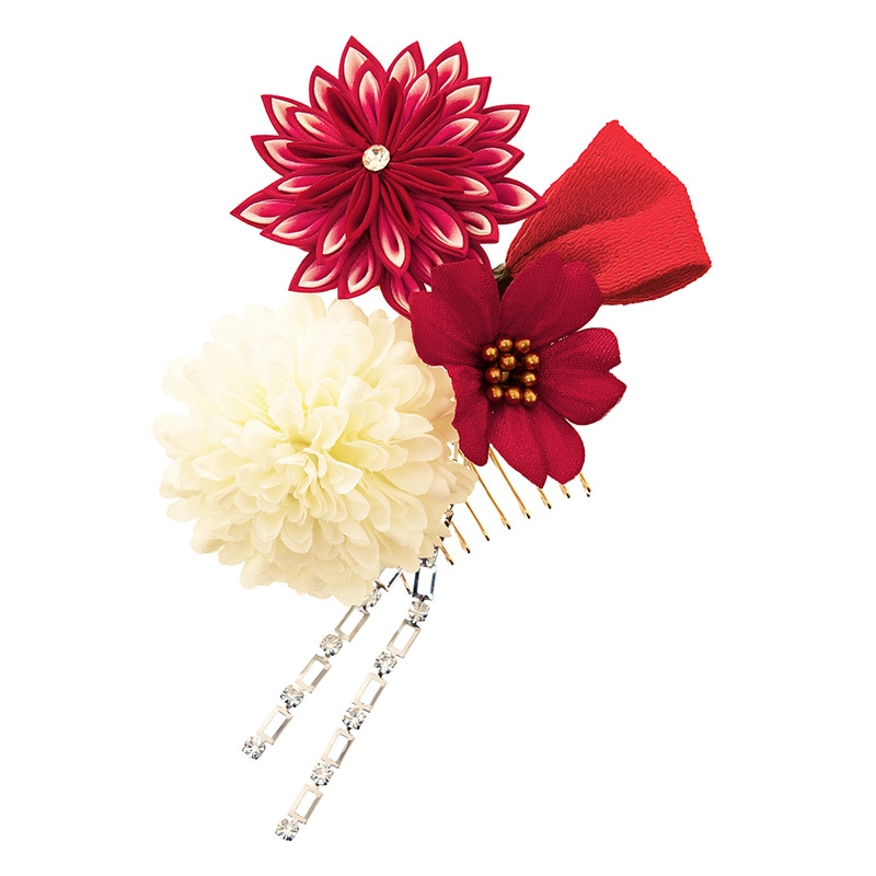 髪飾り 赤 重ね菊とマムにリボン 