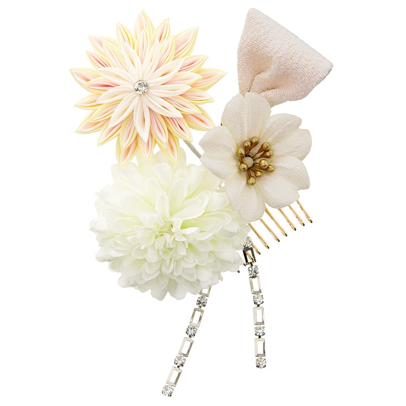 髪飾り 白 重ね菊とマムにリボン 