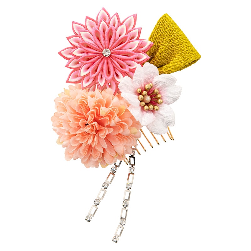 髪飾り ピンク 重ね菊とマムにリボン