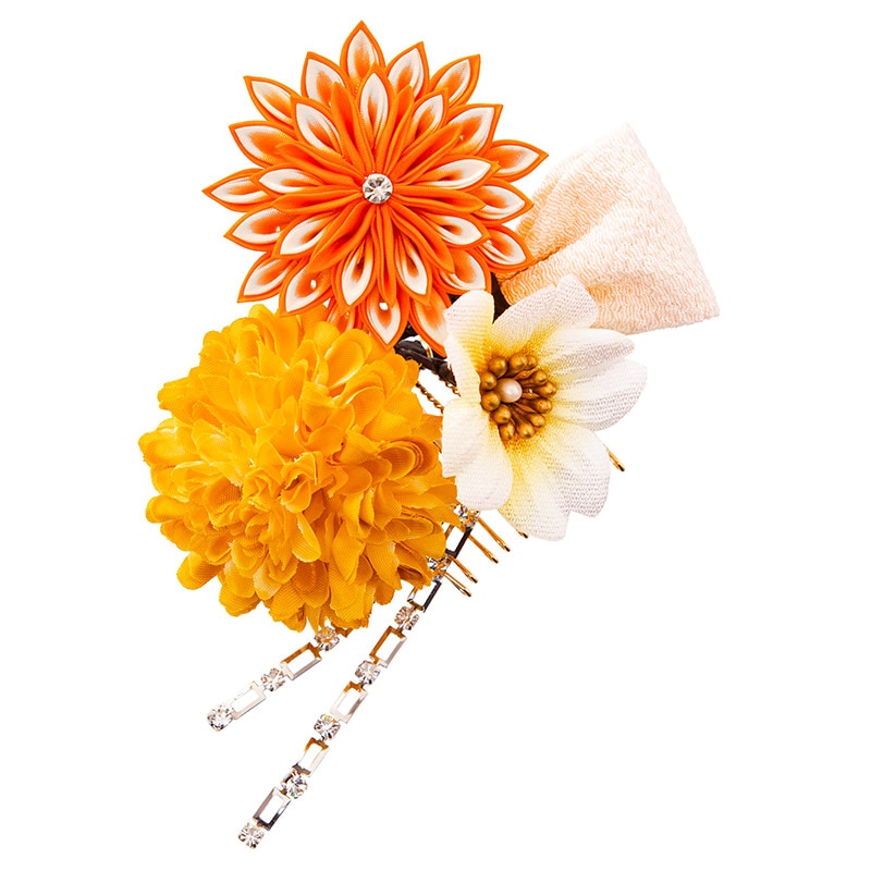 髪飾り オレンジ 重ね菊とマムにリボン