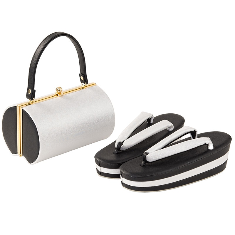 草履バッグセット 織生地 つづれ風無地 黒/銀 厚底L寸 中国製 | 大人