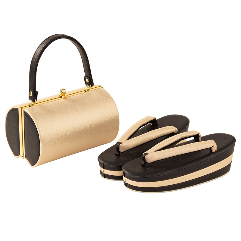 草履バッグセット 織生地 つづれ風無地 黒/金 厚底L寸 中国製