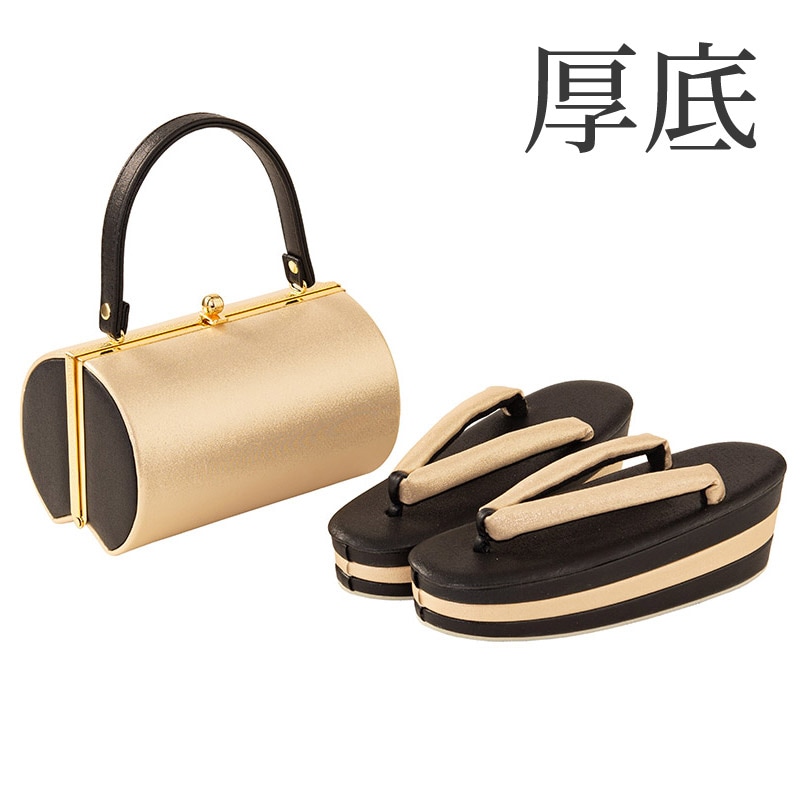 草履バッグセット 織生地 つづれ風無地 黒/金 厚底L寸 中国製