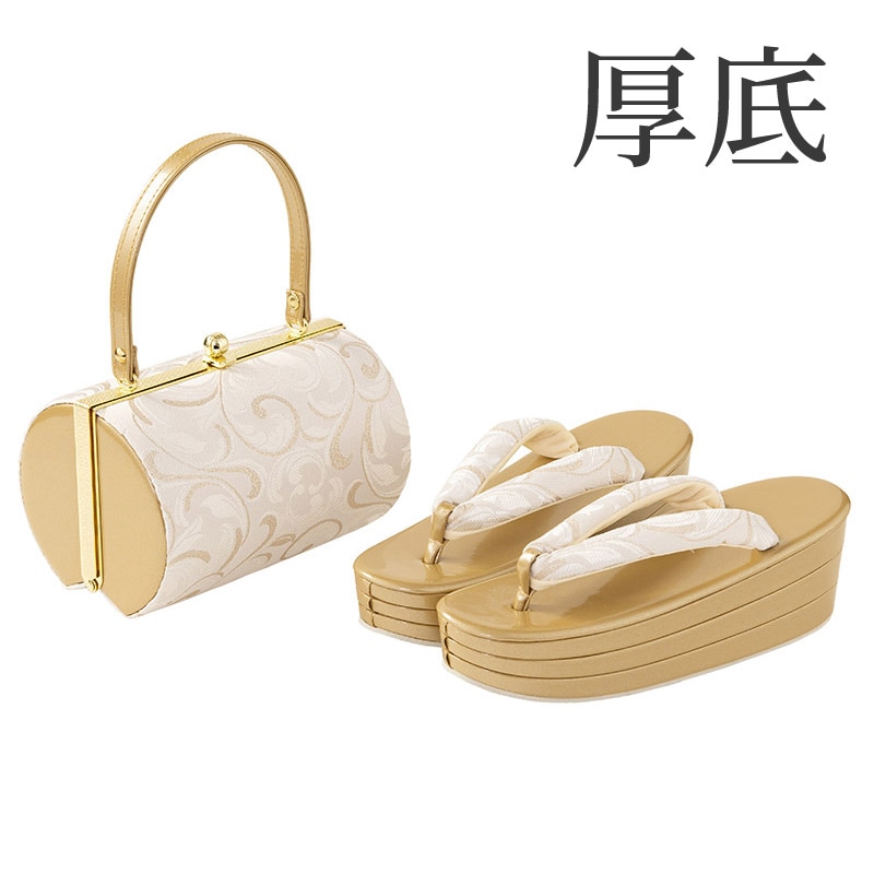 草履バッグセット 金/ベージュ 帯生地 洋唐草 厚底 中国製