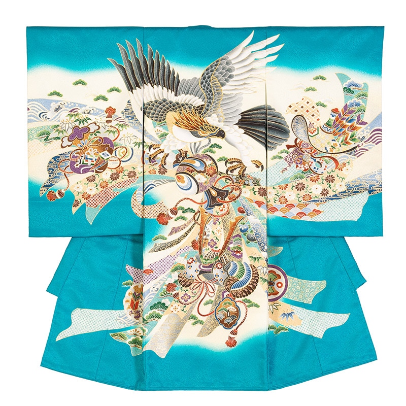 男の子初着 ポリ 青緑 鷹と兜とのし