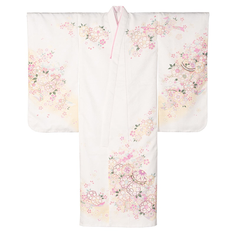 女の子七才着物 ポリ 絵羽 白 桜吹雪に鞠 中国製