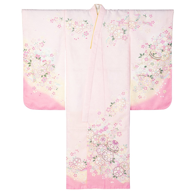 女の子七才着物 ポリ 絵羽 ピンク 桜吹雪に鞠 中国製