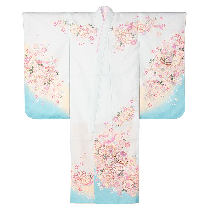 女の子七才着物 ポリ 絵羽 水色 桜吹雪に鞠 中国製