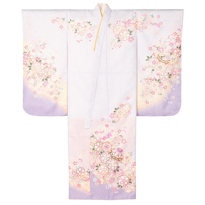 女の子七才着物 ポリ 絵羽 薄紫 桜吹雪に鞠 中国製 | 子供和装,女の子