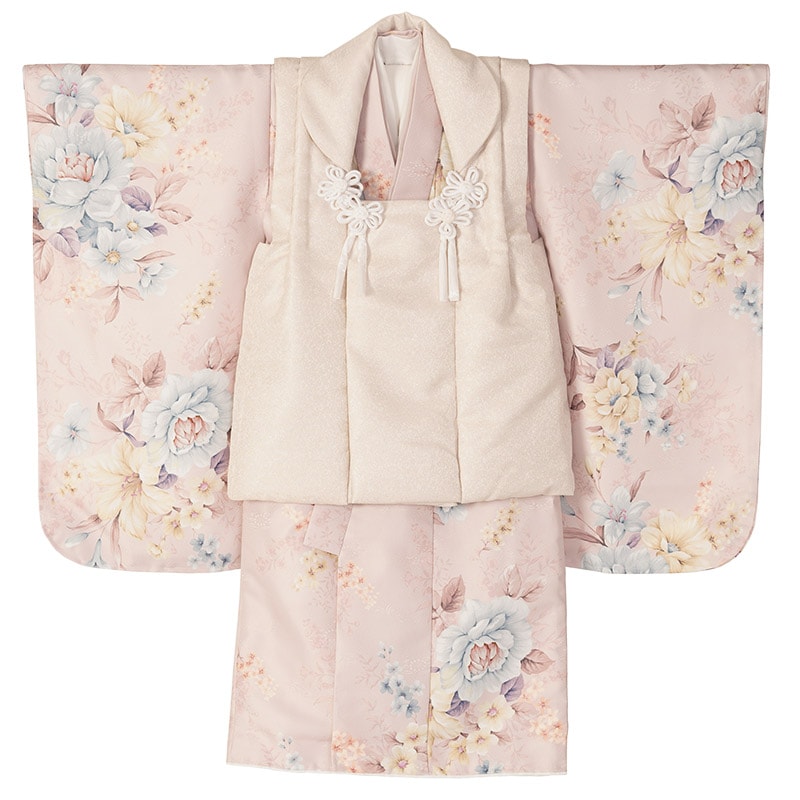 女の子被布セット ポリ 薄ピンク・ベージュ 3才 中国製