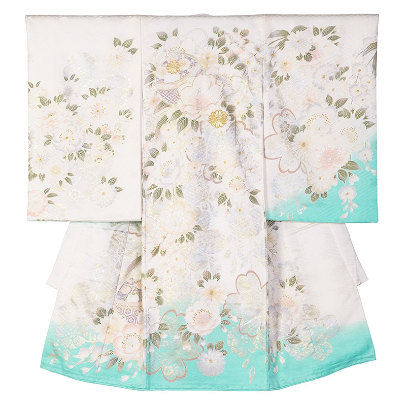 女の子初着 正絹 白/水色 花づくし