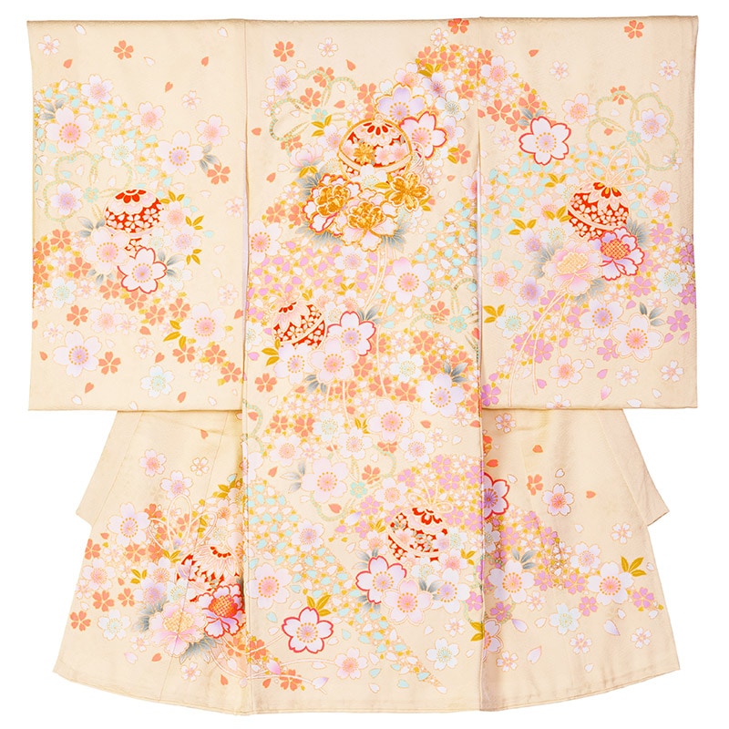 女の子初着 正絹 薄卵色 まりと花づくし