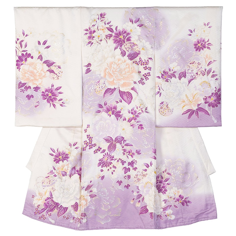 女の子初着 正絹 白/紫ぼかし 牡丹 