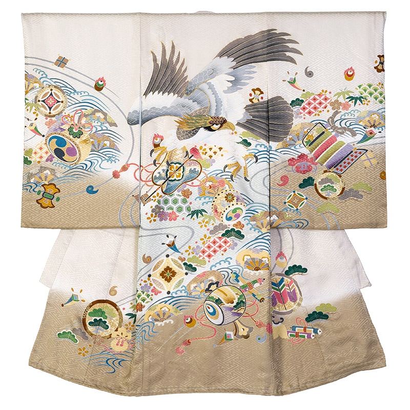 男の子初着 正絹 ベージュ/茶 鷹に宝づくし