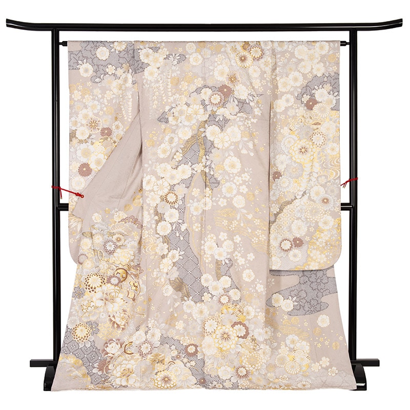 振袖 正絹 モカ 雲取りに檜扇と四季の花 裄180 袖丈285 中国製