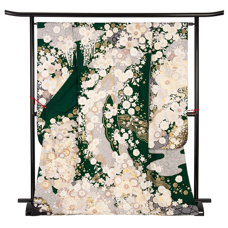振袖 正絹 緑 雲取りに檜扇と四季の花 裄180 袖丈285 中国製