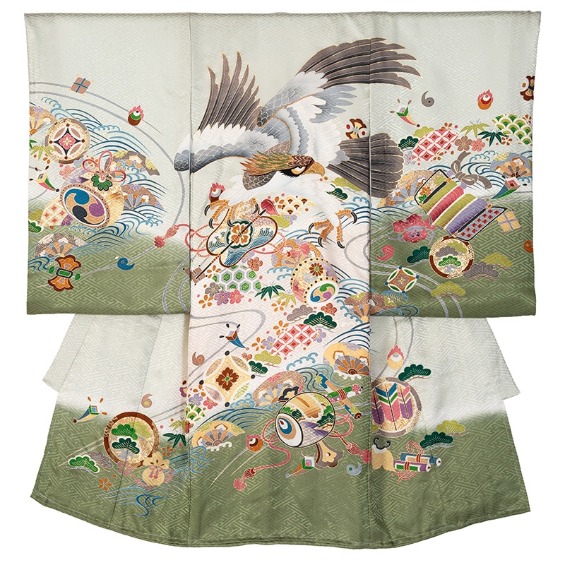 男の子初着 正絹 薄ミント/抹茶 鷹に宝づくし