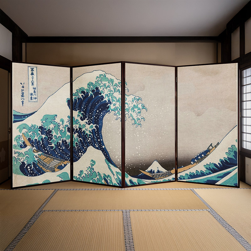 屏風 葛飾北斎/神奈川沖浪裏 二曲一双 高さ185cm×幅約300cm FU【メーカー直送 納期約1ヵ月・返品不可】