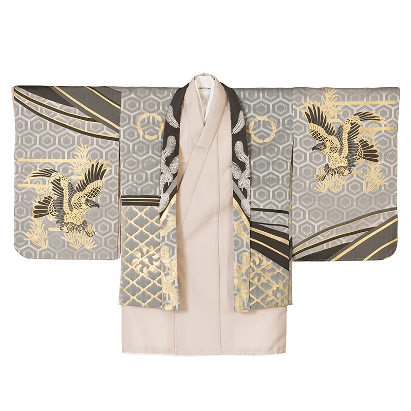 男の子着物羽織 グレー亀甲 鷹 難物 中国製