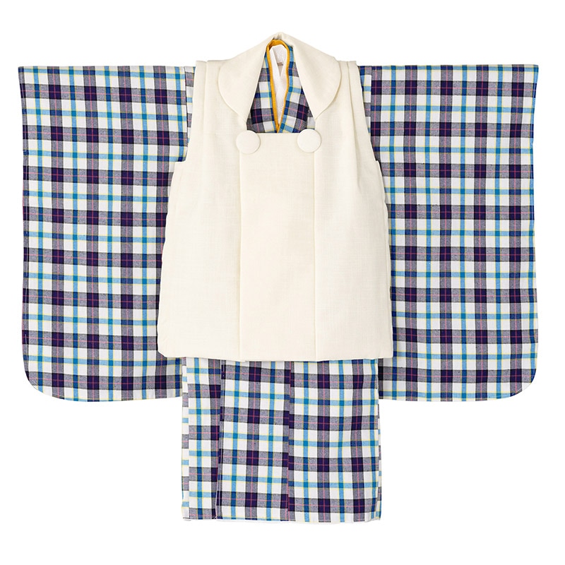 男の子被布セット ポリ 青黄チェック・オフ白 3才 中国製