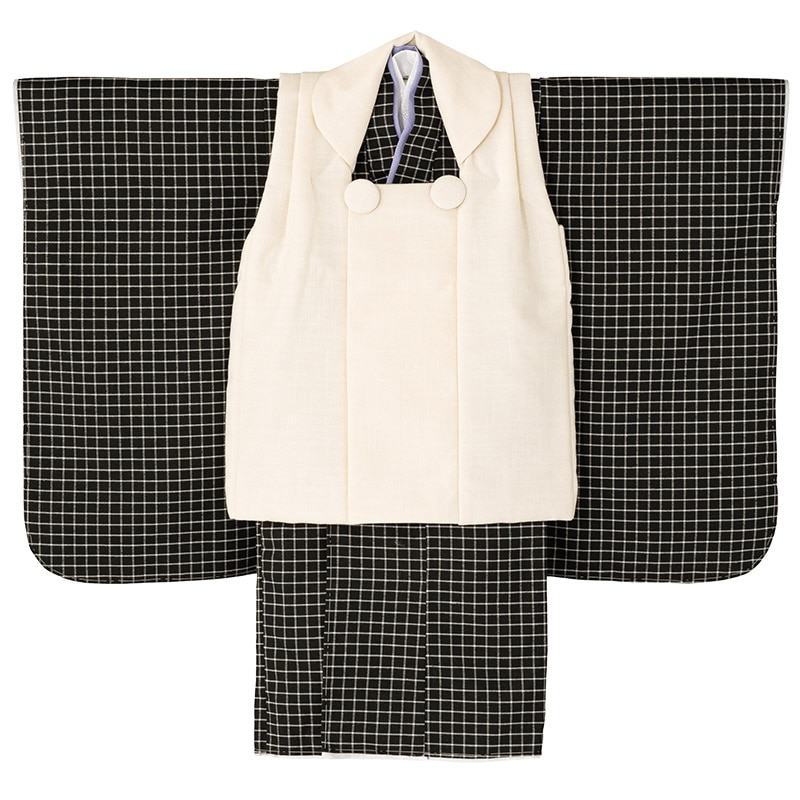 男の子被布セット ポリ 黒白チェック・オフ白 3才 中国製