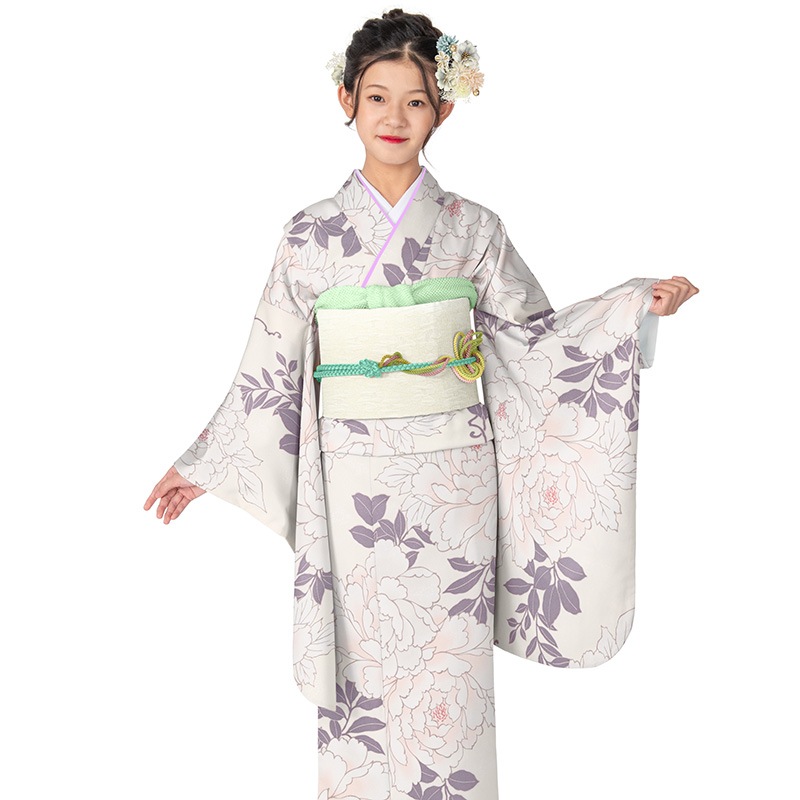 ジュニア女の子着物 小紋 クリーム 芍薬 13才 難物 中国製