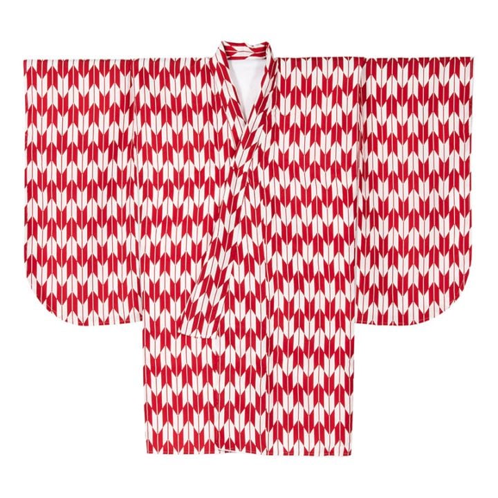 二尺袖着物 ポリ ショート丈 矢絣 赤 裄185 中国製