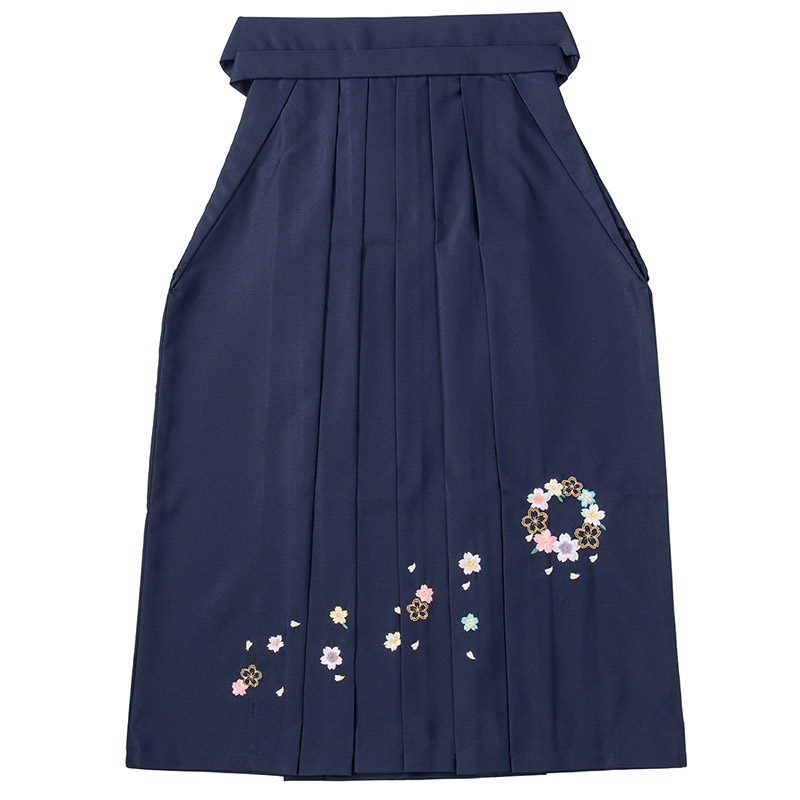 大人女子袴 紺 前のみ刺繍 花輪 2Wサイズ 難物 中国製