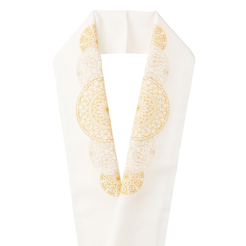 刺繍衿 ポリ 白 レース風刺繍丸形 金