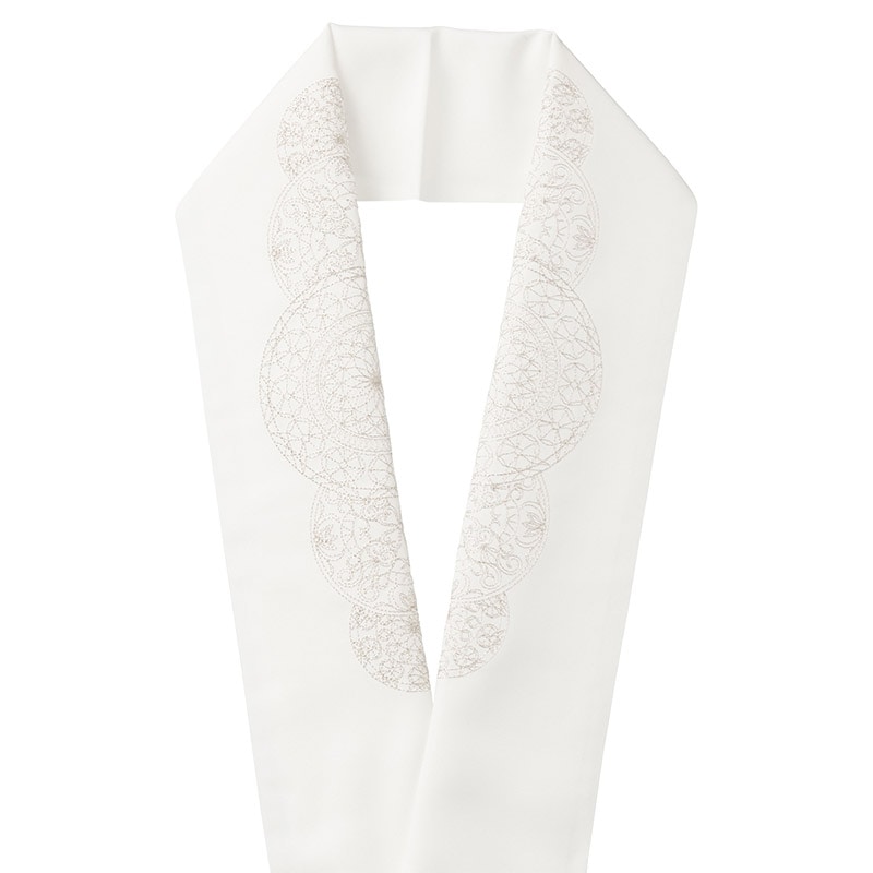 刺繍衿 ポリ 白 レース風刺繍丸形 銀