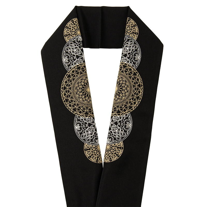 刺繍衿 ポリ 黒 レース風刺繍丸形 金