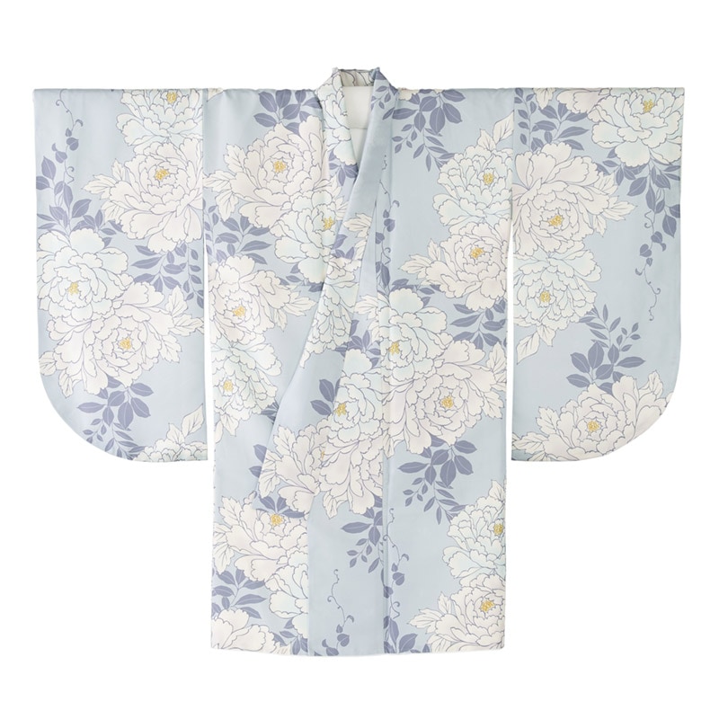 二尺袖着物 ポリ ショート丈 小紋 グレー 芍薬 裄180 中国製